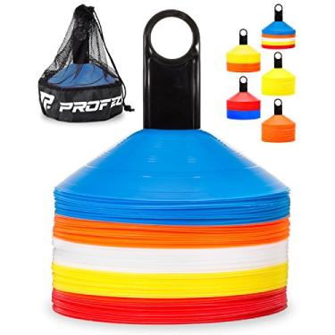 Imagem de Cones Pro Disc (conjunto com 50) – Cones de futebol de agilidade com bolsa de transporte e suporte para treinamento esportivo, futebol, basquete, treinamento, equipamento de treino, crianças – Inclui 15 melhores livros de brocas (várias cores)