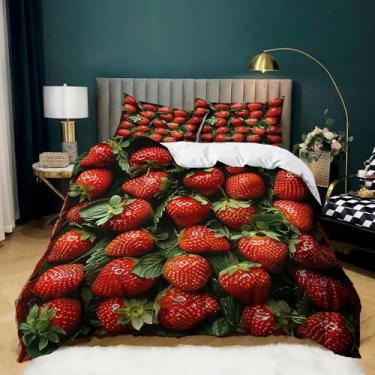Imagem de Jogo de cama King Size com capa de edredom, fruta, morango, 259 x 228,6 cm, 3 peças para todas as estações, com fecho de zíper e 2 fronhas