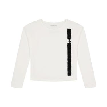 Imagem de Calvin Klein Camiseta de manga comprida para meninas, estilo pulôver com gola redonda, detalhes do logotipo, Branco vertical, 12-14