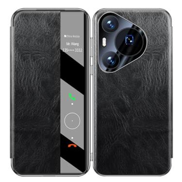 Imagem de HAZARA Capa de couro genuíno para Huawei Pura 70 Ultra/70 Pro/70 Pro+/70, capa flip Clear View, capa fólio empresarial, capa de proteção de lente revestida, preta, 70 Pro