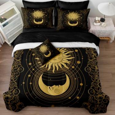 Imagem de Conjunto de edredom com estampa de sol e lua, boêmio, preto, boêmio, 8 peças, conjunto de cama casal com edredom e lençol