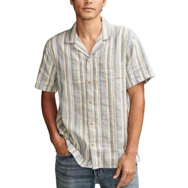 Imagem de Lucky Brand Camiseta masculina listrada de linho, Listra azul, M