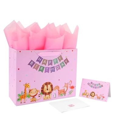 Imagem de Conjunto de sacolas de presente rosa grande de 33 cm com cartão comemorativo e papéis de seda (animal e feliz aniversário) para festas de meninas ou crianças, chás de bebê, meninas, recém-nascidos,