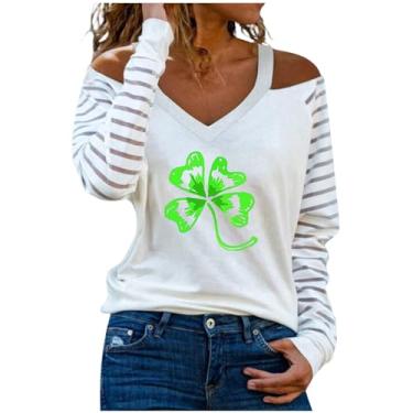 Imagem de Nagub Camiseta feminina St Patricks Day, manga comprida, gola V, trevo irlandês, ombro de fora, algodão, plus size, moda 2024, Shamrock Lucky, 3G