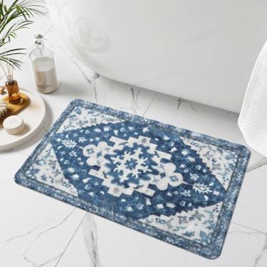 Imagem de Uphome Boho Tapetes de banheiro azul vintage antiderrapante tapete de banho oriental macio lavável à máquina tapete de banheiro bonito tribal floral tapetes de banho para decoração de banheiro para
