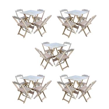 Imagem de Kit 5 Conjuntos de Mesa Dobravel com 4 Cadeiras de Madeira 70x70 para Restaurante e Bar - sem Pintur