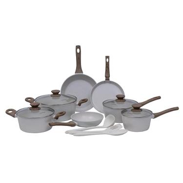 Imagem de Mimo Style Jogo de Panelas 10 Peças Estrutura de Alumínio Revestida em Cerâmica Base Tripla Alto Relevo. Tampa Vidro Temperado Alças e Cabos Soft-Touch Compatível com Fogão a Gás Elétrico e Indução
