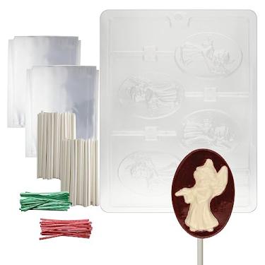 Imagem de Cybrtrayd Molde oval Angel Lolly de chocolate de Natal com kit de pirulito e instruções de moldagem, inclui 50 bastões de pirulito, 50 sacos de violoncelo, 25 laços vermelhos e 25 laços verdes