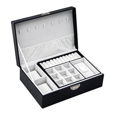 Imagem de Xiaojikuaipao Grande organizador de caixa de joias de couro PU com bandeja removível | Armazenamento empilhável de camada dupla, suporte de joias femininas | Estojo de armazenamento portátil para