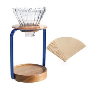 Imagem de Suporte de filtro de café de vidro azul estação de café, suporte de filtro de café de madeira com filtro de café de papel, suporte de máquina de café, adequado para café e chá