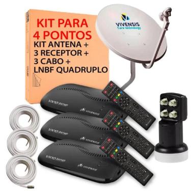 Imagem de Kit 3 receptores vivensis + antena  + lnbf quadruplo + 3 cabos