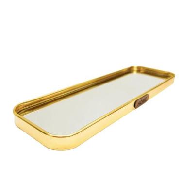 Imagem de Bandeja Decorativa Retangular 30x10cm Metal Dourado com Fundo Espelhad