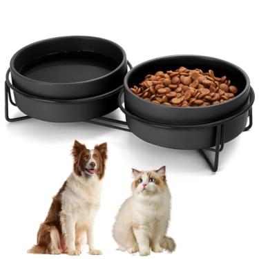 Imagem de Conjunto de tigelas de cerâmica para cães e gatos, com suporte, 3,6 xícaras, ração para cães e água, adequado para animais de estimação pequenos e médios (813 g preto)