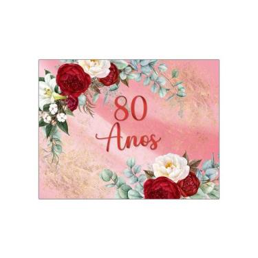 Imagem de Painel de Festa Horizontal 1,55 X 1,20 - 80 Anos Efeito Mármore Floral