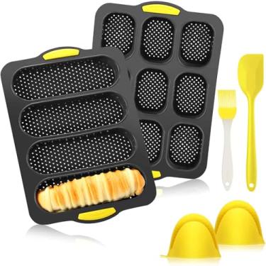 Imagem de FillTouch Conjunto de 5 formas de baguete de silicone com escova de espátula, luvas de 9 e 4 ondas, formas perfuradas de panificação, formas antiaderentes de baguete francesa para forno, torradeira
