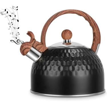 Imagem de Chaleira para fogão, 2,5 L, chaleira de aço inoxidável de grau alimentício com alça de padrão de madeira para café, chá/leite, etc., chaleira elétrica a gás (preto)