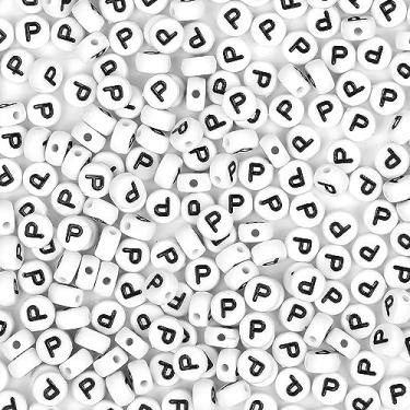 Imagem de Auvoua 300 peças de contas de letras P 4 x 7 mm contas brancas do alfabeto acrílico forma redonda contas soltas para nome pulseiras colares chaveiros faça você mesmo fabricação de joias (P)