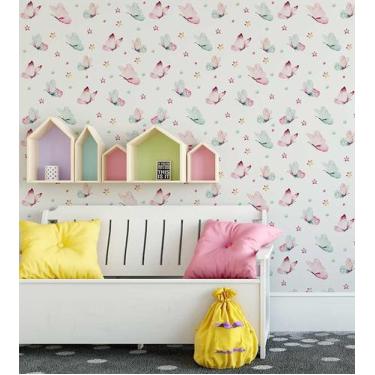 Imagem de Papel De parede Com Borboletas Em Tons aquarela De Rosa E Azul - PAPEL