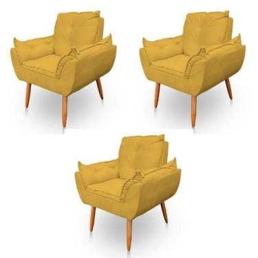 Imagem de Kit 3 Poltronas Decorativa Opala Sala de Estar Tecido Suede Amarelo Ki