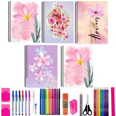 Imagem de Kit 10 Caderno Flores 80 Folhas Arame Capa Dura Com 40 Itens - Maxima 