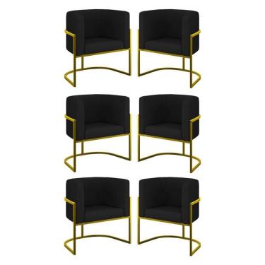 Imagem de Kit 06 Poltronas Lua Sala Decorativa Base Ferro Gold Corino Preto