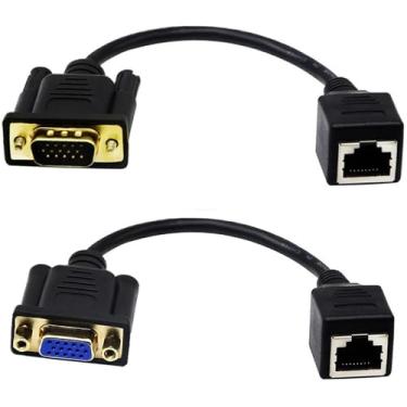 Imagem de Halokny Cabo adaptador extensor VGA para RJ45 sobre Ethernet, VGA macho de 15 pinos para CAT5 CAT6 RJ45 fêmea adaptador de conector extensor de cabo de rede 15 cm/0,5 pés (pacote com 2)