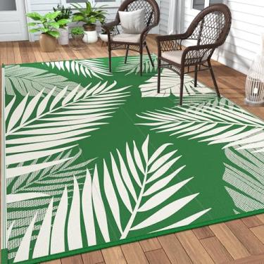 Imagem de Tapete GENIMO 3 x 4,3 m para área externa, reversível, grande, palha de plástico, impermeável, para trailer, acampamento, pátio, varanda, caravana, deck, praia, verde-escuro e branco