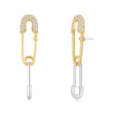 Imagem de Brincos de alfinete de segurança em dois tons, joias femininas com clipe de papel grosso de ouro e prata, pingente de coração, Cobre, Sem pedra preciosa