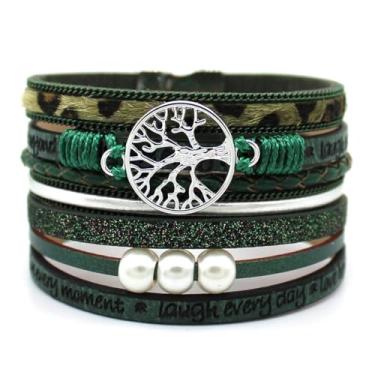 Imagem de P Ammy Fashion® Pulseiras femininas inspiradoras de couro da árvore da vida, boêmio, com fecho magnético, Medium, Couro sintético, Quartzo criado