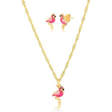 Imagem de Conjunto Infantil Banhado a Ouro 18K Colar Com Pingente e Brinco - Flamingo em Resina