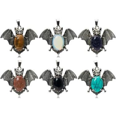 Imagem de Flemtai Colar com pingente de morcego minúsculo com pingente de morcego, joia de vampiro, conjunto oval de pedras preciosas, presente para melhores amigos, Olho de tigre/opala/pedra de areia