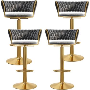 Imagem de Banco de bar de veludo giratório 360° conjunto de 4 bancos de bar modernos com altura ajustável com encosto e apoio para os pés bancos de bar luxuosos para ilha de cozinha, café, pub, dourado,