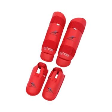 Imagem de menolana Kickboxing Caneleiras Proteção do Peito da Perna Profissional Confortável Caneleira Protetora de Perna Protetores de Pé para Luta de Muay Thai, Vermelho