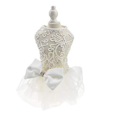 Imagem de FLAdorepet vestido de casamento para cachorro vazado saia tutu de luxo renda pérola laço vestido de Natal para cachorro pequeno roupa de animal de estimaçãoFLAdorepet Medium branco