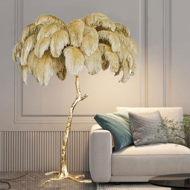 Imagem de Candeeiros de chão românticos candeeiros de mesa para sala de estar quarto decoração natural de penas de avestruz luminária de pé simples moderna luz de leitura regulável com interruptor de pé