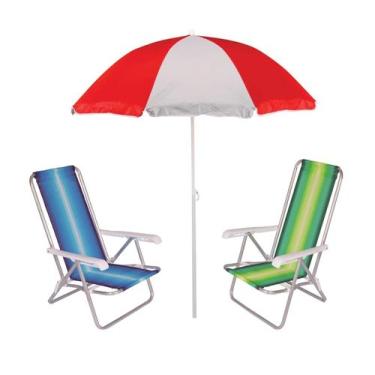 Imagem de Kit Praia 2 Cadeira Reclinável 4 Posições Alumínio + Guarda Sol 1,80 m