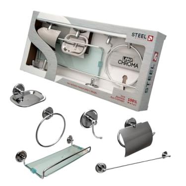 Imagem de Kit 5 Peças Banheiro Chroma Inox Aço Cromado Alumínio Polido Papeleira Saboneteira Cabide Toalheiro Porta-Shampoo