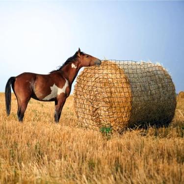 Imagem de Rede de feno grande para fardos redondos para cavalos e cabras - Rede de feno de alimentação lenta sem nós resistente com furos de 4,5 cm, malha de nylon grossa para alimentação mais saudável do gado