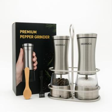 Imagem de Moedor de Sal e Pimenta Inox Duplo Manual DEOROCA – Ajuste de Moagem, Design Premium, Aço Inoxidável com Suporte, Kit com Colher e Escova de Limpeza