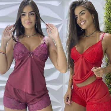 Imagem de Baby Doll Luxo Kit C/2  De Alcinha Feminino Detalhes em Renda Roupa De