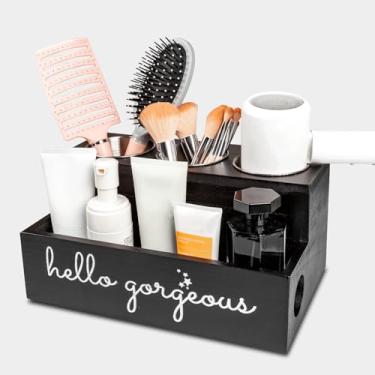 Imagem de Cokritsm Suporte de secador de cabelo de madeira montado na parede – Prateleira de armazenamento de banheiro de 2 níveis, organizador de ferramentas de cosméticos e cabeleireiro para