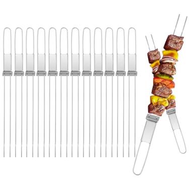 Imagem de Lightique Espetos De Metal Para Espetinhos 13 Polegadas Com Barra Empurrar, Grelhar, Garfo Duplo Anti-Enrolamento, Kebab Aço Inoxidável, Longos E Planos Churrasco, Carne Vegetais (13 Pol., 12 Unidad