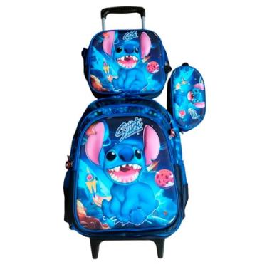 Imagem de Kit Mochila Stitch em 3D com Rodinhas + Lancheira Térmica + Estojo Escolar Infantil em Alto Relevo