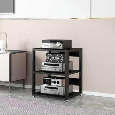 Imagem de LGEOELIAS Suporte de mídia, suporte de áudio e vídeo, canto, TV, entretenimento, componentes estéreos, gabinete, leitor de CD, prateleira de armazenamento aberta no chão com prateleiras ajustáveis de