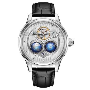 Imagem de SEAKOSS Relógio masculino de luxo de 47 mm com globo duplo automático para homens, relógio mecânico, dispositivo de volante, relógio social masculino, Branco e preto