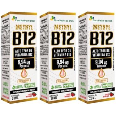 Imagem de KIT 3X Vitamina B12 Sublingual (Metilcobalamina) 9,94 mcg por gota 20ml - Flora Nativa (20ml, Morango)