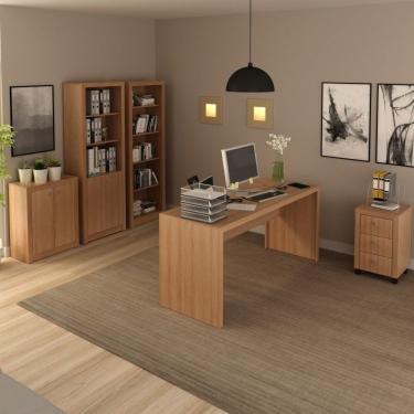 Imagem de Conjunto Home Office 5 Peças Com 1 Mesa 1 Balcão 1 Armário 1 Estante 1 Gaveteiro Espresso Móveis Amendoa