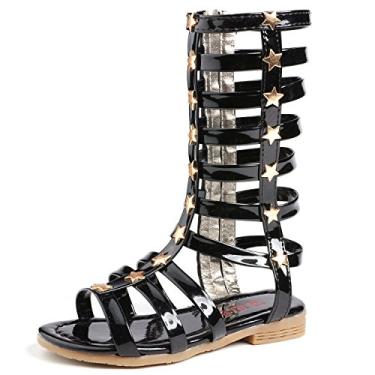 Imagem de Skeblo sandália feminina gladiadora rebites vestido de princesa de verão com tiras planas com zíper botas sapatos, Preto, 1 Little Kid