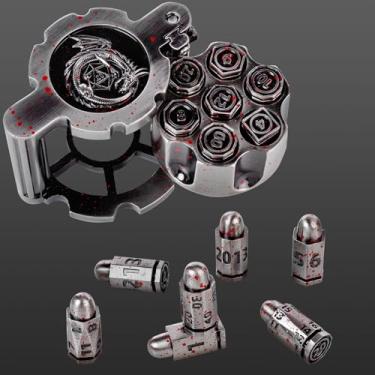 Imagem de Metal Polyhedral Bullet Dice Set of 7 with Spinning Revolver Cylinder Container - Metal Bullet Dice Cyberpunk Style Metal Dice for Warhammer 40K, D&D Pathfinder, War or Crime Theme Tabletop Games