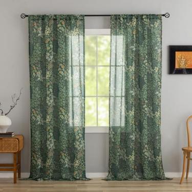 Imagem de Cortinas transparentes com padrão verde, 2 painéis, 2 painéis, vintage, boho, folhas botânicas, cortinas florais para sala de estar, bolso de haste, privacidade, filtragem de luz, campo francês